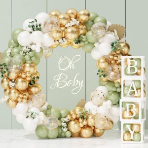 ChicSlick-130Pcs Baby Shower Décoration Vert Sauge, 4 Boîte Ballon Baby Shower Et Kit Arche Ballon Vert Or Blanc, Cube Baby Shower Fille Garçon Pour Baptême, Gender Reveal, Fête Anniversaire[X892] - Neuf