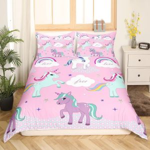 Sjzg-Joli Ensemble De Literie Licorne Filles Animaux Mignons Housse De Couette Rose Enfants Arc-En-Ciel Nuage Magique Licorne Parure De Lit Avec Fermeture Éclair, 140 X 200 Cm Unicorn Imprimé - Neuf