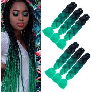 Meches Pour Tresses Africaine Vert Kanekalon Meches Tresse Cheveux, 6paquets Jumbo Braids Meches, Yaki Nattes Extensions Pour Crochet Braids Meches (Noir &Agrave; Vert Fonc&eacute; &Agrave; Vert) - Neuf
