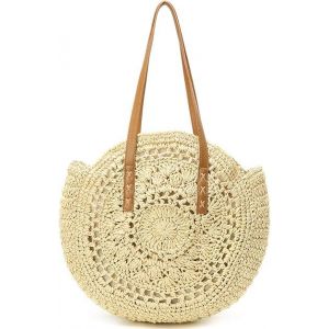 Sac rond en paille tissé pour femme, grand sac de plage, fourre-tout, avec pompons - Neuf