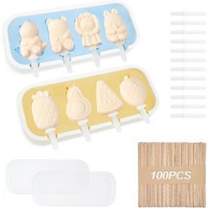 Kal-Lot De 2 X 4 Moules À Glace Avec 100 Bâtonnets De Glace En Silicone Sans Bpa Réutilisables Pour Faire Des Glaces À La Maison - Mini Moule À Glace En Forme D'animal Mignon Et De Fruits Pour - Neuf
