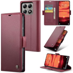 Maa-Coque Pour Xiaomi 14t, Étui Housse En Rfid Protection Premium Pu Cuir Portefeuille Rabat Case Magnétique Stand Antichoc, Étui Case Pour Xiaomi 14t, Rouge - Neuf