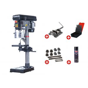 Perceuse d'&eacute;tabli professionnelle jusque &oslash; 20 mm CM2 600W 230V + &eacute;tau de per&ccedil;age jeu de boulons jeu m&ecirc;ches a&eacute;rosol Torros DT20M PACK - Neuf