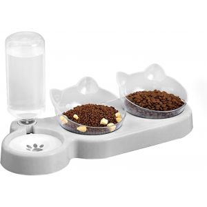 Kalanka-Gamelles Inclinées Pour Chat Avec Tapis D'alimentation, Trois Gamelles Surélevées Pour Nourriture Et Eau, Gamelles Pour Animaux Domestiques Avec Bouteille D'eau Automatique - Neuf