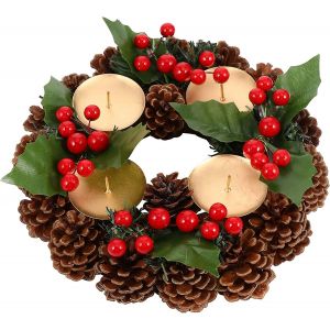 Bougeoir couronne de No&euml;l avec pomme de pin feuilles de poirier (rouge) - Neuf
