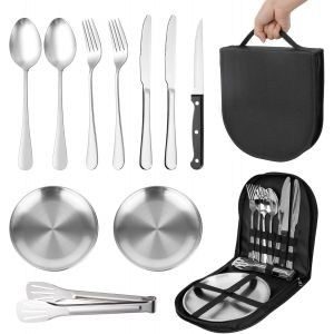 Kalanka-Couvert Camping Accessoires 1-2 Personnes, 10 Pièces Vaisselle Camping Inox Avec Cuillère Fourchette Couteau Assiette, Vaisselle Pique Nique Pour La Randonnée L'escalade Barbecues Le Plein Ai - Neuf