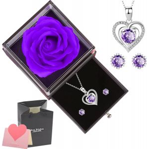 Bo&icirc;te &agrave; Bijoux Rose Artificielle &eacute;ternelle, Collier Coeur + Boucles d'oreilles + Carte de Voeux, pour No&euml;l Idee Cadeau Anniversaire Saint Valentin Mariage Fete des Meres pour Femme Maman - Neuf
