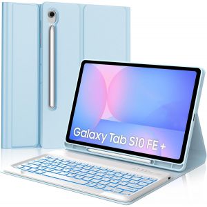 Coque Clavier Pour Samsung Galaxy Tab S10 Fe+ Plus 13.1"" 2025, Clavier Rétroéclairé 7 Couleurs Azerty Français Bluetooth Détachable, Étui Avec Bluetooth Keyboard Pour Samsung Tab S10 Fe Plus,Bleu Ciel - Neuf