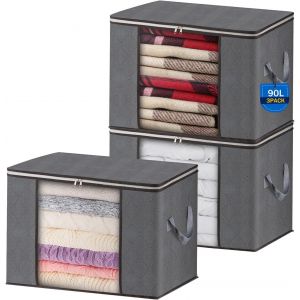 Tianyi-3pcs 90l Sac De Rangement Vetement Pliable Avec Fen&ecirc;tre Transparente, Non-Tiss&eacute; Grande Boite Rangement Vetement Pour Couettes, Couvertures Jouets V&ecirc;tements, 60x40x35cm - Neuf
