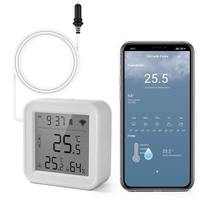 eMylo Thermometre Int&eacute;rieur Exterieur, Wifi Thermom&egrave;tre Connect&eacute; App Alarme, Exportation de Donn&eacute;es Thermometre Frigo Moniteur, Convient pour Chambre, Aquarium, R&eacute;frig&eacute;rateur, Blanc - Neuf