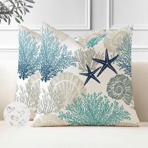 CAUC-Lot de 2 Bleu Housses de Coussins Imperm&eacute;able Ext&eacute;rieur 45 x 45 cm &Eacute;t&eacute; Housse Coussin Coquillage D'&eacute;toile de Mer Corail Taie d'oreiller Polyester Moderne Coussin Decoratif pour Canape Jardin Sal - Neuf