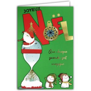 Carte Joyeux Noël Instant Magique Doré Brillant et enveloppe blanche format 12x17,5cm - Père-Noël Bonhomme de Neige Boule à Neige Sablier Pluie d'étoiles - Neuf