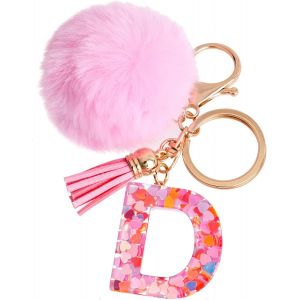 KAL-Porte-Cl&eacute;s Rose Avec Lettre Porte-Cl&eacute;s Fille Initiale Cadeau Femmes Porte-Cl&eacute;s Boule De Poils D&eacute;corer Pour Sac Sac &Agrave; Dos Porte-Clef Gland Or Porte-Clef Femme - Neuf