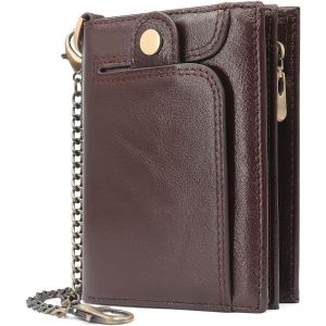 Portefeuille Homme Cuir Véritable Blocage Rfid Porte Monnaie Homme Avec Chaine, Classique Portefeuille Avec Boîte Cadeau (Café) - Neuf