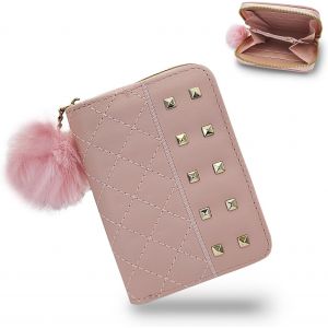 CAUC-Petit sac &agrave; main en cuir synth&eacute;tique pour femme, petit sac &agrave; main tendance avec fermeture &eacute;clair et boule en peluche, portefeuille portable pour femme avec rivets m&eacute;talliques et motif - Neuf