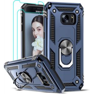 Kalanka-Coque Pour Samsung Galaxy S7 Avec 2 Verre Trempé, Anneau Support Militaire Double Couche Défense Bumper Tpu Silicone Antichoc Armure Housse Etui Pour Samsung S7 Bleu - Neuf
