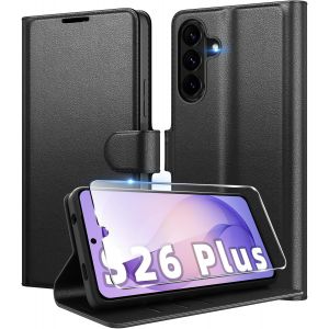 ELVORIX-Coque pour Samsung Galaxy S26 Plus en Premium Cuir PU, Portefeuille Housse Etui pour Cartes Protection Anti-Choc Flip Case avec 1 Verre Tremp&eacute; Noir - Neuf