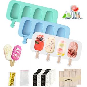 Kalanka-3 Pcs Grand Moule À Crème Glacée 4 Cavités Popsicle Moule Silicone Réutilisables Moule Magnum Cake Avec 100 Bâtons De Glace 50 Sacs D'emballage 100 Fils D'emballage Et 100 Autocollants - Neuf