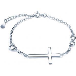 Bracelet Femme Fille, Bracelet En Argent 925, Bracelet De Croix, Orn&eacute; Le Coeur Et Le Symbole D'infini, Avec Cha&icirc;ne R&eacute;glable - Neuf