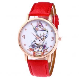 Zhoulianfa Montre Ronde En Alliage &Agrave; La Mode Montre &Agrave; Motif De T&ecirc;te De Cerf Montre-Bracelet &Agrave; Quartz Analogique (Rouge) - Neuf