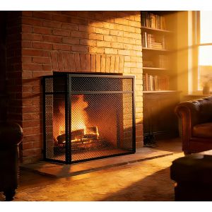 SUBZONAL-Paravent de chemin&eacute;e &agrave; 3 panneaux &agrave; dessus plat en acier thermolaqu&eacute; noir avec charni&egrave;res piano sur toute la longueur &iquest; &Eacute;cran pare-&eacute;tincelles &iquest; Sans danger pour les enfants et les animaux - Neuf