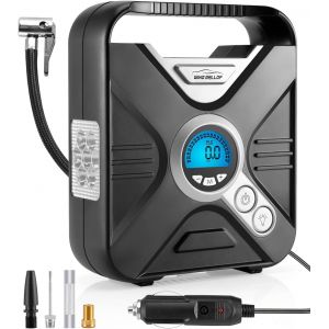 MEVRONISSHOP-Compresseur &agrave; Air Portable Gonfleur Electrique Gonfleur Pneus Voiture Mini Compresseur Voiture 12V Pompe A Velo Electrique avec Manom&egrave;tre, Adaptateurs De Valve Et &eacute;clairage LED - Neuf