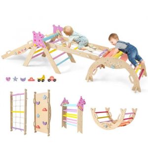Triangle D'escalade Pliables Costway Jouet Montessori En Bois Massif Aire De Jeux Avec Arche À Thème Licorne - Neuf