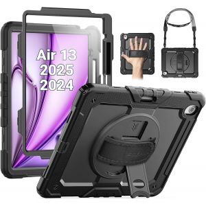 Coque pour iPad Air 13 Pouces 2025/2024 (M3/M2), Coque Antichoc avec Protecteur d'&eacute;cran, Support Rotatif &agrave; 360&deg; et Dragonne, Bandouli&egrave;re Ajustable, avec Porte-Stylo, Noir - Neuf