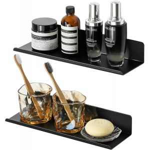 Lot de 2 Etagere Murale sans Percage Salle de Bain, Etagere Murale sans Vis en Aluminium, Tablettes Flottantes Adhésif Tablette Rangement pour Cuisine, Salon, Chambre, 30CM Noir - Neuf