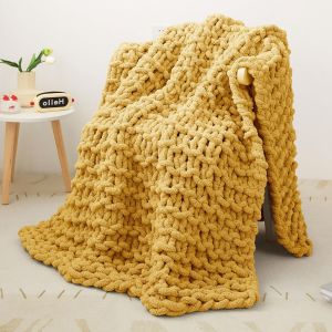 Ytfhg-Couverture En Tricot Épais, Luxueux 100 % Tricoté À La Main, Douce Et Confortable Pour Canapé, Lit, Chaise - 76 X 101 Cm, Jaune Moutarde - Neuf