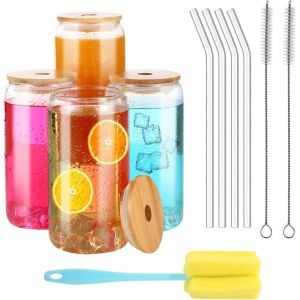 Mevronisshop-Lot De 4 Verre Avec Paille, 500 Ml De Verre Avec Couvercle Et Paille, Peuvent &Ecirc;tre Utilis&eacute;s Comme Gobelet &Agrave; Boire, Tasse &Agrave; Cola, Bubble Tea, Tasse &Agrave; Cocktail, Tasse &Agrave; Caf&eacute;, Smoothie - Neuf