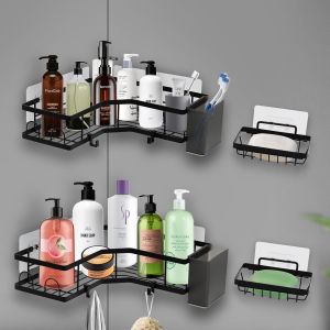 Lot de 2 étagères d'angle adhésives avec crochets et 2 supports de dentifrice, sans perçage, en acier inoxydable, pour salle de bain, économise de l'espace (noir, 5 pièces) - Neuf