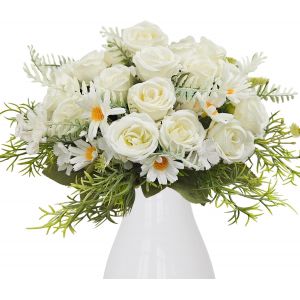 4 Bouquets Roses Fleurs Artificielles en Soie Blanc Rose Artificielle Fleur Fausse Plante Petite Marguerite Bouquet de Fleurs Decoration pour F&ecirc;te de Mariage Centre de Table (4, Blanc) - Neuf