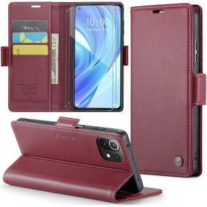 Kal-Coque Pour Xiaomi 11 Lite+ 2 Pièces Verre Trempé,Antivol,Prend En Charge Le Chargement Sans Fil, Pochette Fermeture Magnétique Flip Case-Bourgogne - Neuf