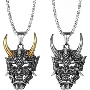 Collier Tête De Démon Pour Homme, 2 Pendentifs Démon, Style Punk, Avec Corne, Style Motard (60 Cm, Or Et Argent) - Neuf