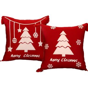 Cauc-Housse Coussin Noel Housses De Coussin No&euml;l Rouge Lot De 2,Taie D'oreiller Coton Et Lin Avec Pompons,P&egrave;re No&euml;l Mod&egrave;le D'arbre De Flocon Neige Pour D'hiver Xmas Decor Canap&eacute; Salon,45x45cm-2pcs-B - Neuf