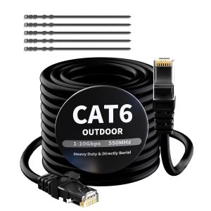 KAL-40 Mètres Câble Ethernet Extérieur Cat6 Noir,Câble Réseau Internet,Gigabit,Robuste,Étanche,Pose Directe,Pour Caméra Poe,Câble De Raccordement,Lan Long Cat 6/5E/5 Rj45+25 Attaches De Câble - Neuf