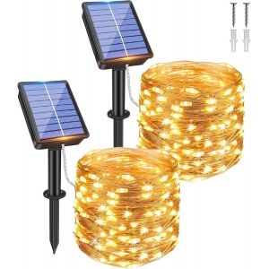 KAL-Lot De 2 Guirlandes Lumineuses Solaires D'Extérieur - Fil De Cuivre - 16 M - 160 Led - 8 Modes - Résistantes Aux Intempéries - Pour Jardin, Balcon, Sapin De Noël - Blanc Chaud - Neuf