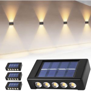 Applique Murale Exterieur Solaire, 4pcs Lampe Solaire Exterieur, Appliques Murales Solaires Up And Down, Ip44 Led Exterieur Etanche Solaire, 10 Perles Led, Pour Jardin, Patio, Ccour - Neuf