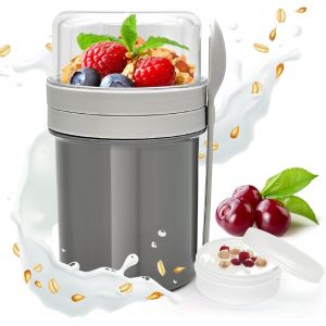 Kalanka-Bol Petit D&eacute;jeuner Portable Muesli Cup Overnight Oats Jar Id&eacute;al Pour Les Sorties Le Travail L'&eacute;cole Les Pique Niques Gris - Neuf