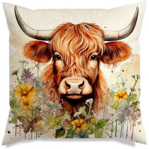 Cauc-Housses De Coussin En Forme De Vache Des Highlands, D&eacute;corations De Vache Des Highlands, Cadeau &Eacute;cossais Pour Femme, Housse De Coussin, Taie D'oreiller, Motif Animal Et Fleur - Neuf