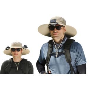 Chapeau de soleil d'ext&eacute;rieur avec 2 ventilateurs solaires, chapeau de p&ecirc;che &agrave; large bord, vitesse de ventilation r&eacute;glable, chargement USB/solaire - Neuf
