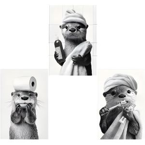 KALANKA-3 Pi&egrave;ces Posters Humoristiques pour WC avec Loutres, D&eacute;co Salle de Bain Dr&ocirc;le, Tableau Mural Animal en Noir et Blanc Sans Cadre, 20x25 cm, Id&eacute;e Cadeau Originale - Neuf