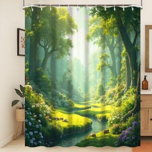 KALANKA-Rideau de Douche Plantes Florales Vert - Nature Printemps For&ecirc;t Grands Arbres, Fleur &Eacute;panouie Ruisseau Imperm&eacute;able 120x180cm - Neuf