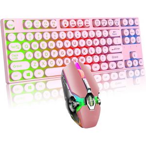 ChenQuanSarl-Ensemble Clavier Et Souris De Jeu À Sensation Mécanique, 87 Touches Rétro Punk, Clavier Rose Rétroéclairé Arc-En-Ciel, Souris De Jeu Légère Pour Jeu Et Bureau (Ensemble Rose) - Neuf