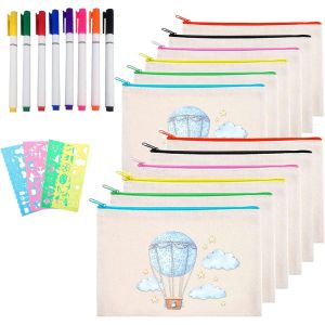 MAA-12 Pochette Tissu Zippée, Trousse Personnalisable, Pochette Maquillage Avec 4 Gabarits de Coloriage et 8 Crayons de Couleur, Pour le Dessin, L'école, le Bricolage, le Voyage, le Rangement (21 X 1 - Neuf