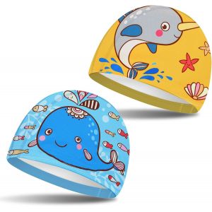 Asfasfq-2 Pcs Bonnets De Bain Mignons Enfants Bonnets De Natation De Compétition Dessin Animé Bonnet De Bain En Polyester Élastique Bonnet De Bain Pour Garçons Filles De 1 À 8 Ans - Neuf