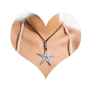 Collier Boh&egrave;me &Eacute;toile De Mer, Cha&icirc;ne En Cuir Vintage Avec Une Grande &Eacute;toile De Mer (Style 2) - Neuf