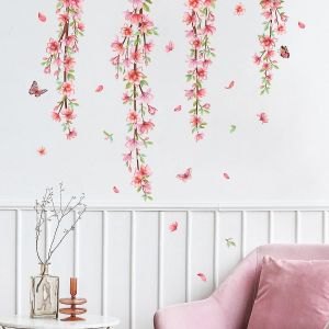 Sticker mural fleur de vigne à suspendre, rose, branche de fleurs, arbre, décoration murale pour chambre, salon, bureau, fenêtre - Neuf