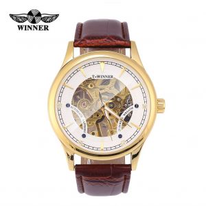 Montre-Bracelet Mecanique A Remontage Manuel Pour Homme Winner, Bracelet En Pu Creux (Boitier Dore Et Bracelet Marron) - Neuf